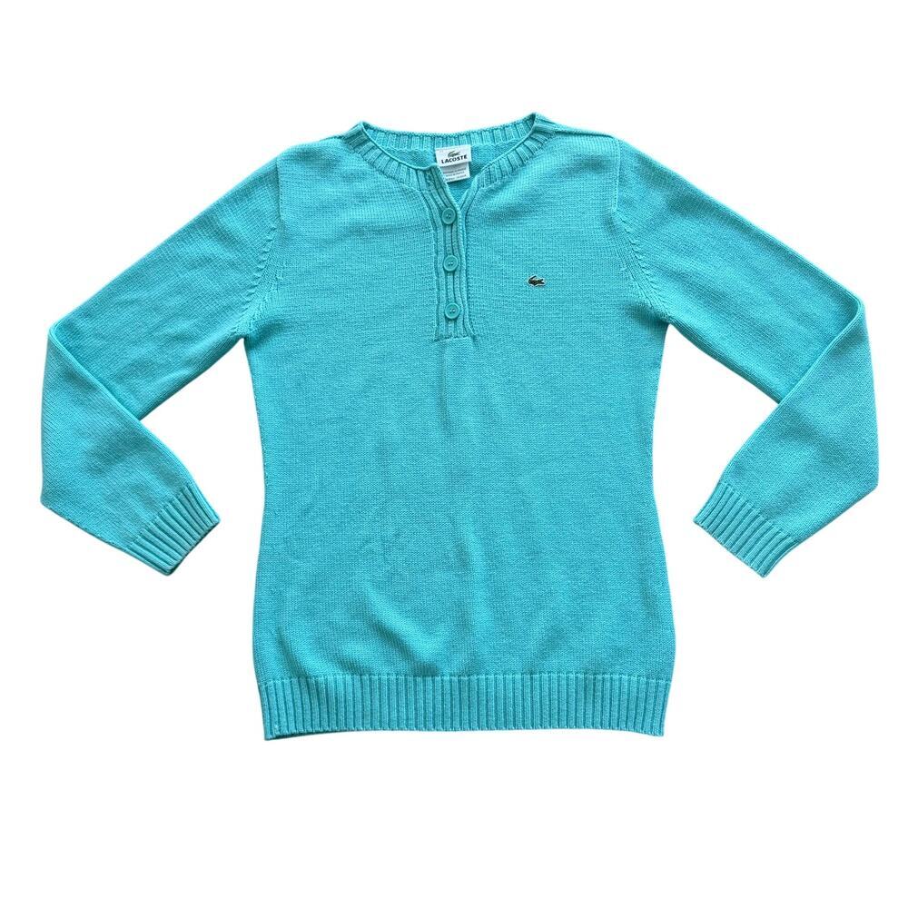Lacoste Knit Button Up Pullover Women's‎ Sweater Turquoise 44 Large Blue Preppy